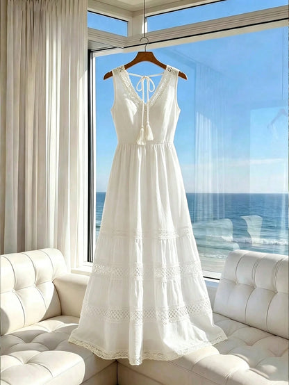 GlowEve Elegant Sexy Holiday Vacation Outfit Summer French Minimalist Sleeveless V-Neck Hollow Lace Waist Cinched Long Dress, White Design