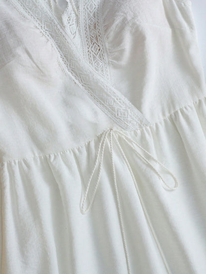 GlowEve Elegant Sexy Holiday Vacation Outfit Summer French Minimalist Sleeveless V-Neck Hollow Lace Waist Cinched Long Dress, White Design