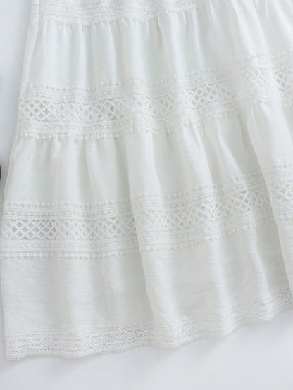 GlowEve Elegant Sexy Holiday Vacation Outfit Summer French Minimalist Sleeveless V-Neck Hollow Lace Waist Cinched Long Dress, White Design
