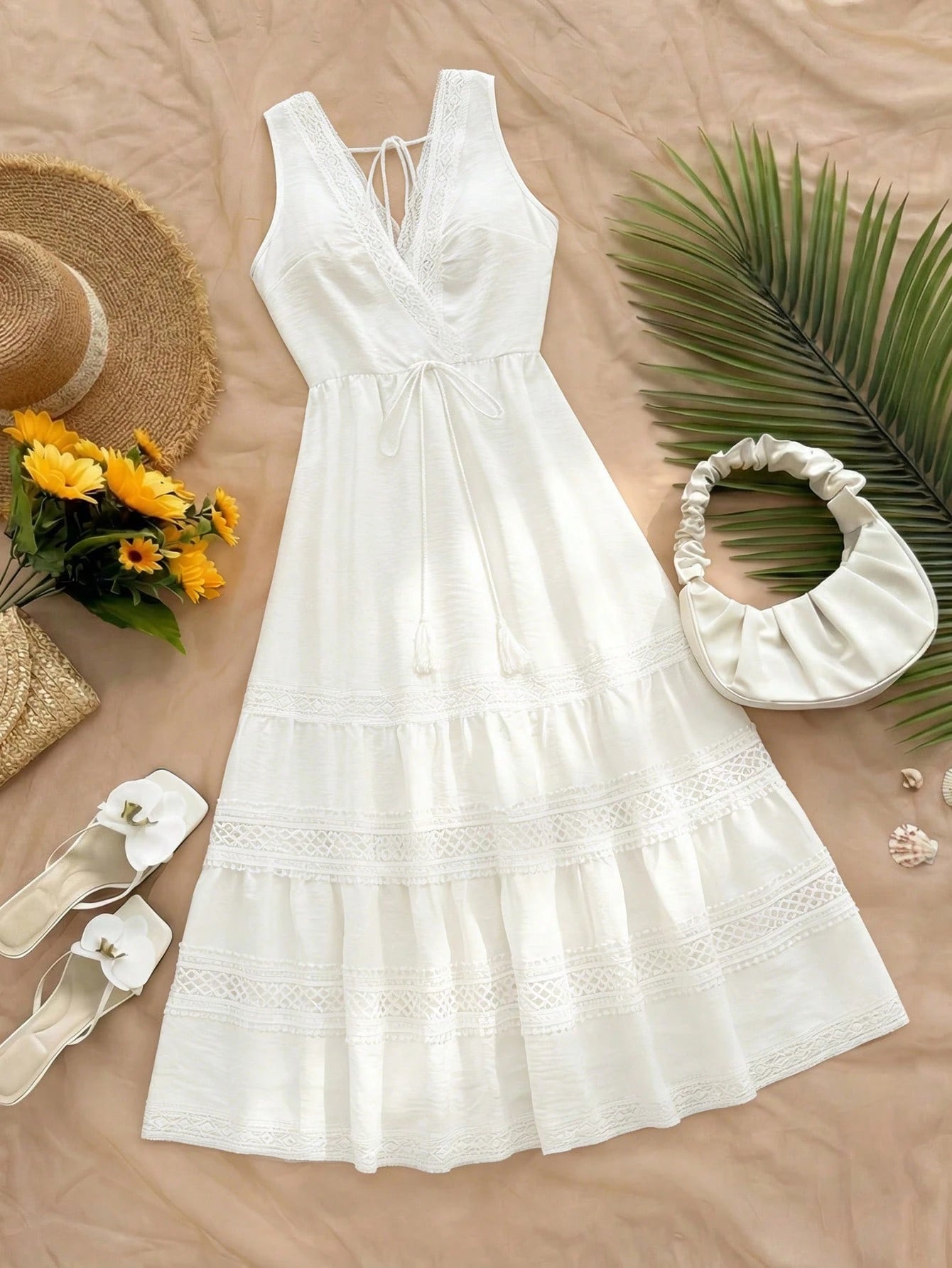 GlowEve Elegant Sexy Holiday Vacation Outfit Summer French Minimalist Sleeveless V-Neck Hollow Lace Waist Cinched Long Dress, White Design