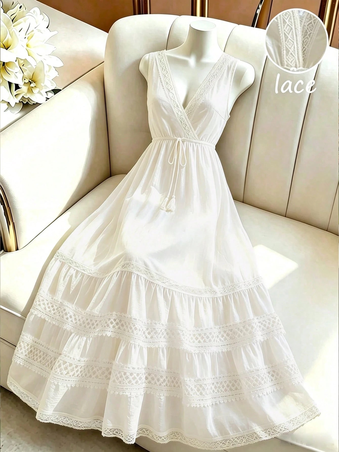 GlowEve Elegant Sexy Holiday Vacation Outfit Summer French Minimalist Sleeveless V-Neck Hollow Lace Waist Cinched Long Dress, White Design