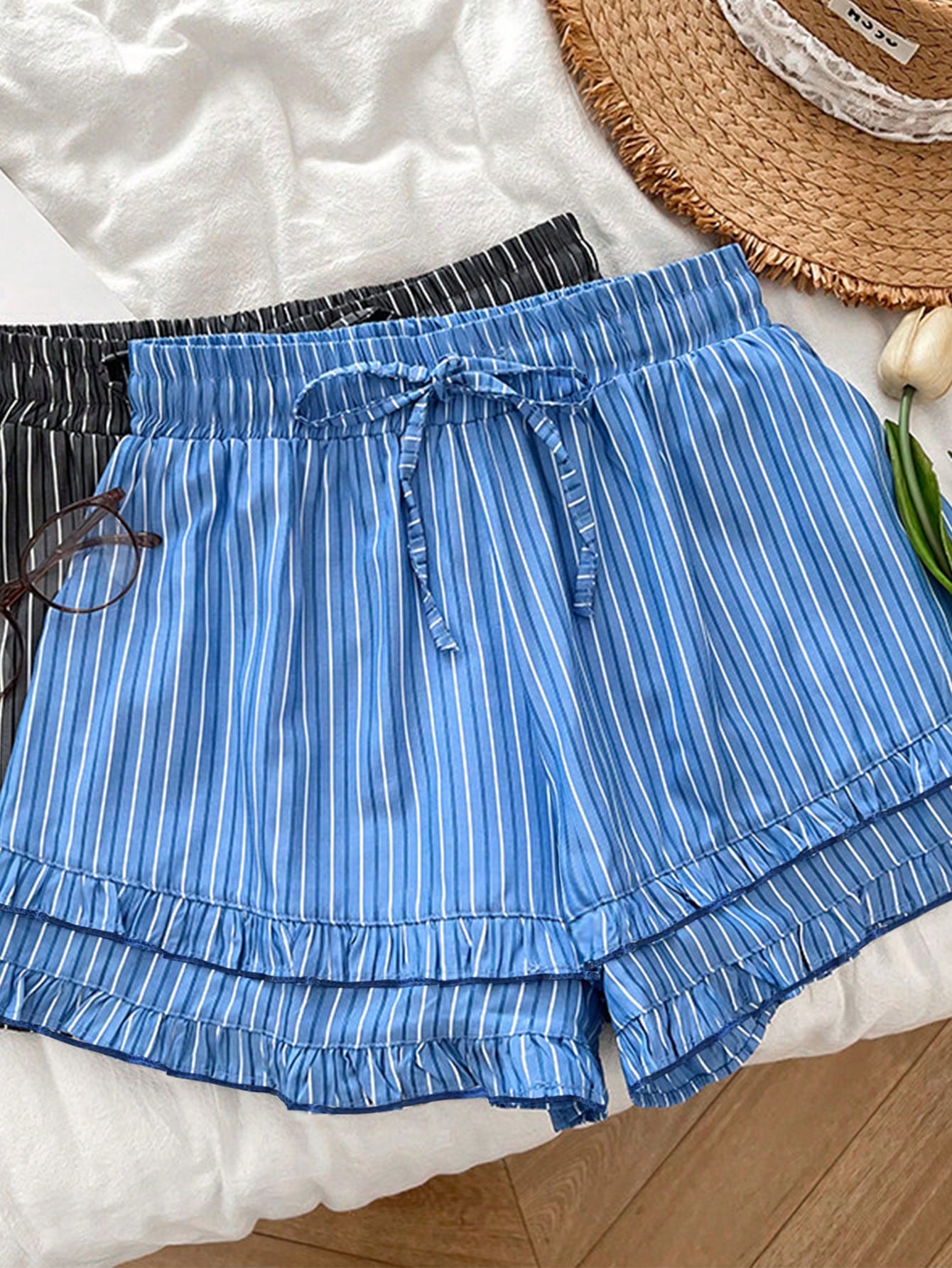 GlowEve Women's Casual Striped Print Drawstring Shorts, Summer