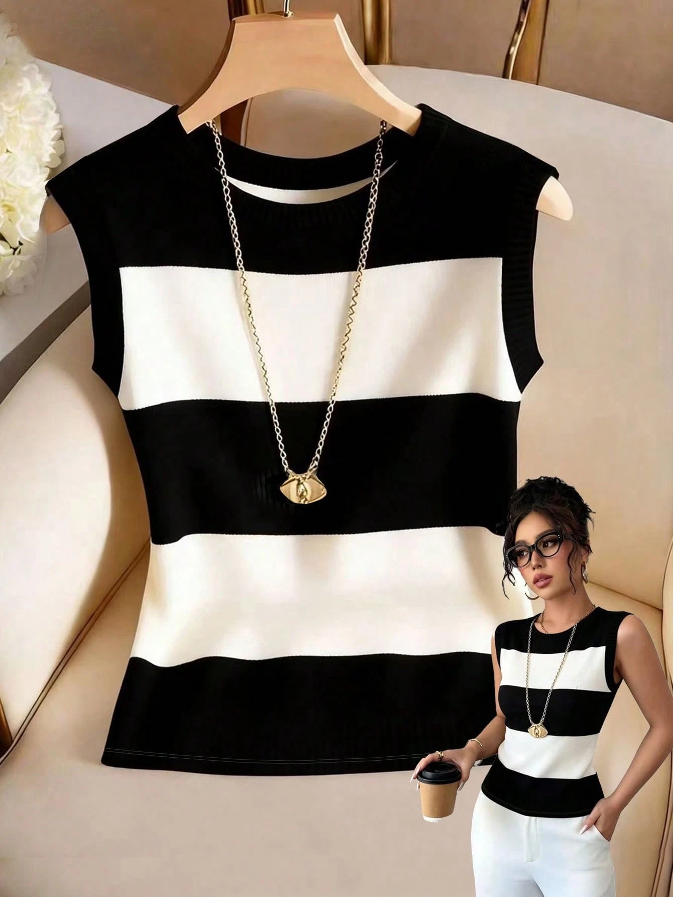 GlowEve Women's Contrast Color Round Neck Casual Versatile Tank Top