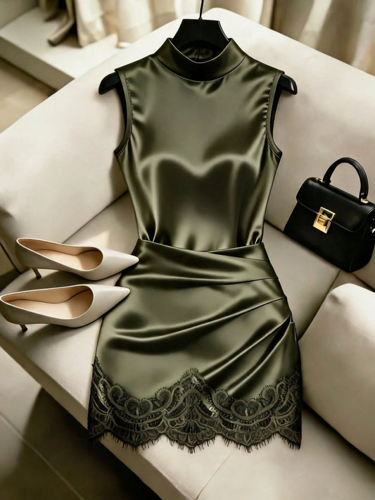 GlowEve Women's Fashion New Satin High Neck Sleeveless Pleated Waist Shaping Asymmetric Sexy Bodycon Lace Trim Dress