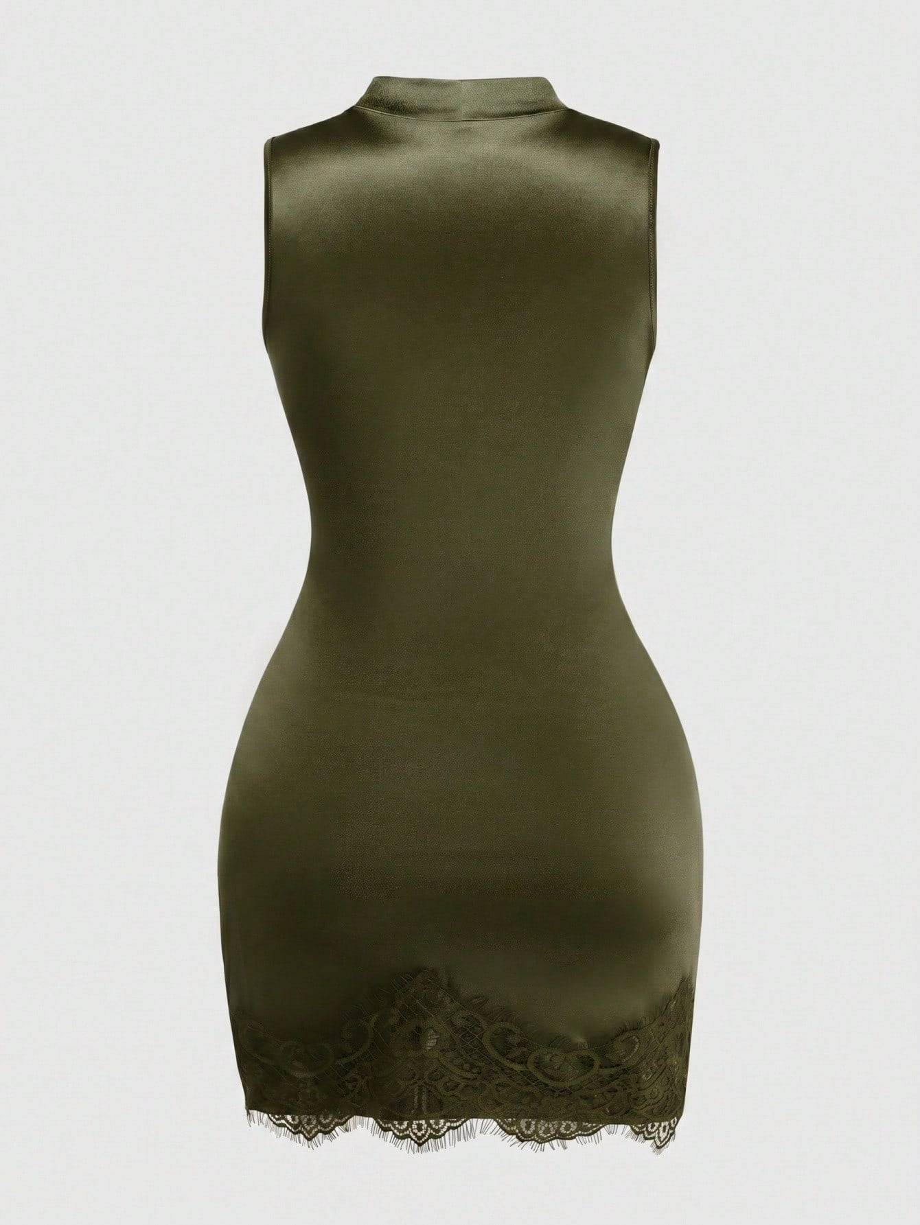 GlowEve Women's Fashion New Satin High Neck Sleeveless Pleated Waist Shaping Asymmetric Sexy Bodycon Lace Trim Dress