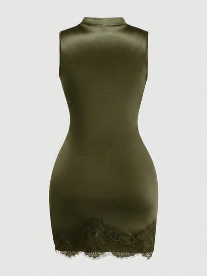 GlowEve Women's Fashion New Satin High Neck Sleeveless Pleated Waist Shaping Asymmetric Sexy Bodycon Lace Trim Dress