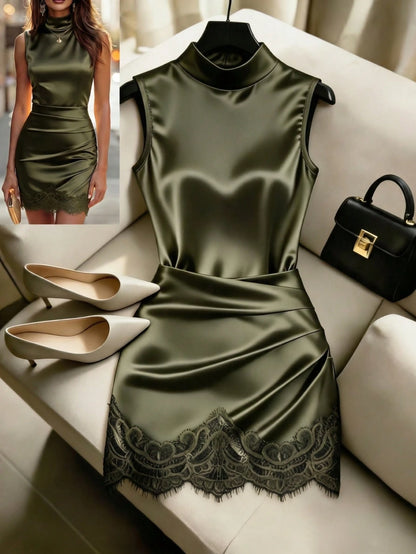 GlowEve Women's Fashion New Satin High Neck Sleeveless Pleated Waist Shaping Asymmetric Sexy Bodycon Lace Trim Dress