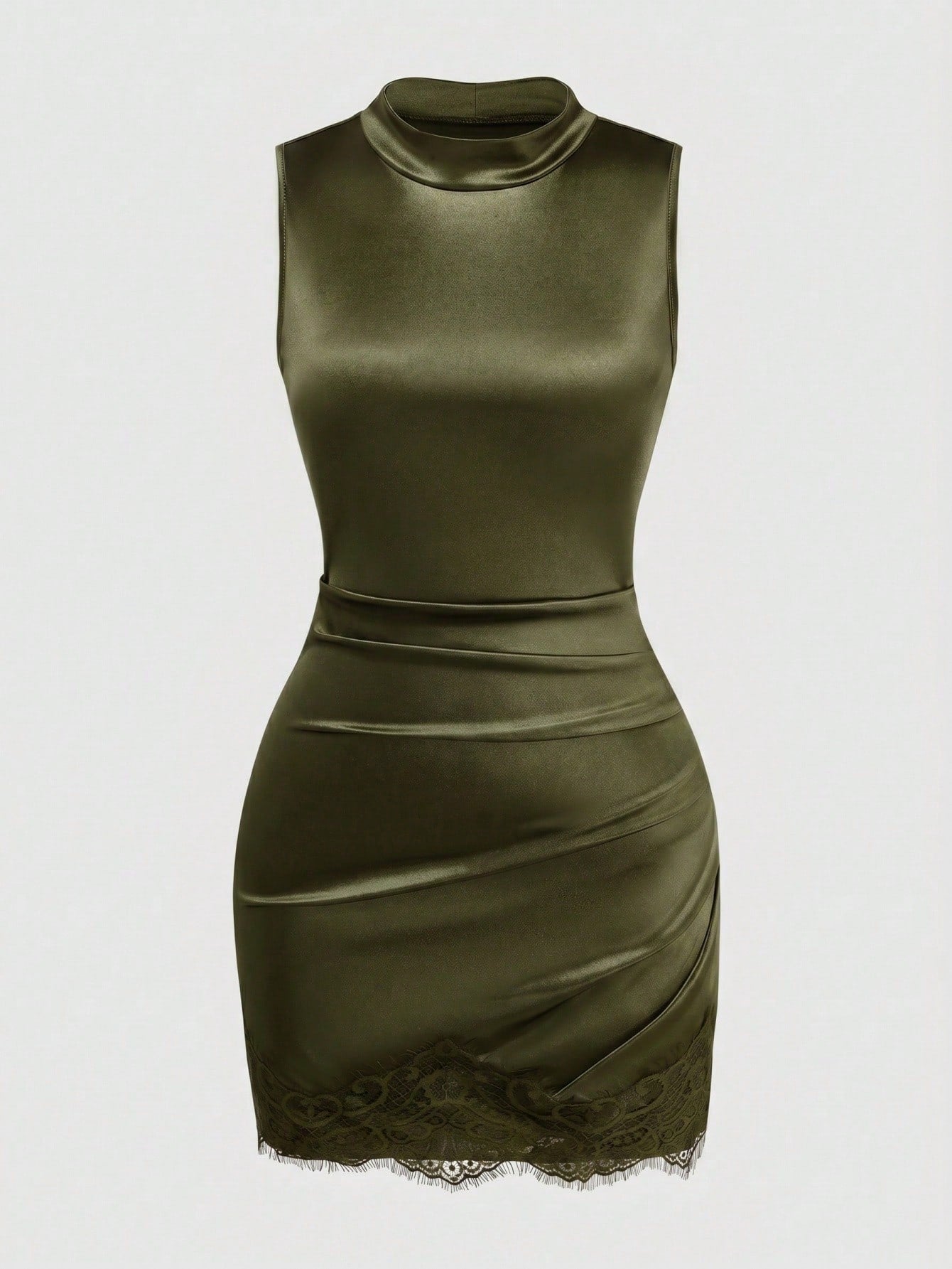 GlowEve Women's Fashion New Satin High Neck Sleeveless Pleated Waist Shaping Asymmetric Sexy Bodycon Lace Trim Dress