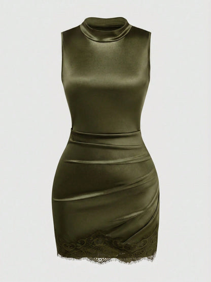 GlowEve Women's Fashion New Satin High Neck Sleeveless Pleated Waist Shaping Asymmetric Sexy Bodycon Lace Trim Dress