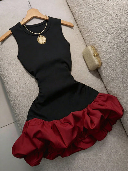 GlowEve Women's Round Neck Color Block Pleated Sexy Date Party Short Tulip Dress
