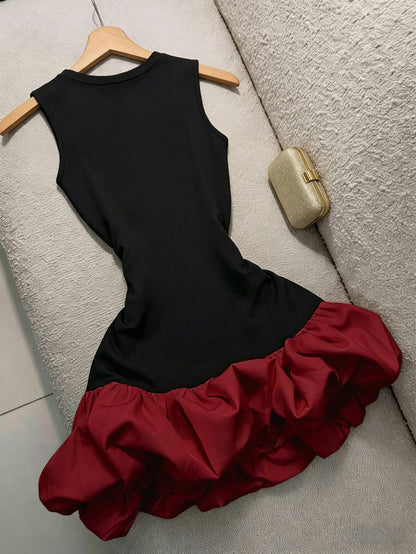 GlowEve Women's Round Neck Color Block Pleated Sexy Date Party Short Tulip Dress