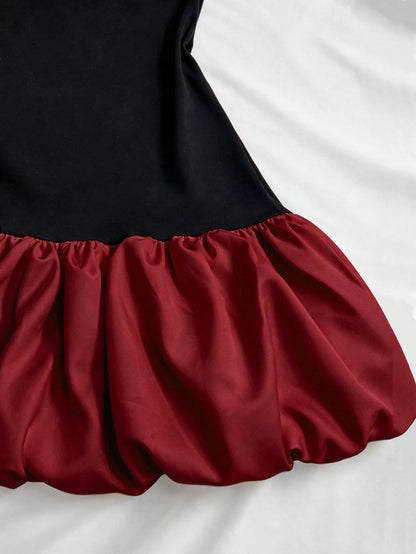 GlowEve Women's Round Neck Color Block Pleated Sexy Date Party Short Tulip Dress