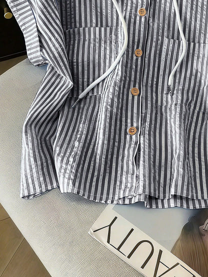 GlowEve Women's Summer Casual Versatile Textured Striped Chiffon Hooded Blouse With Pockets, Short Sleeve