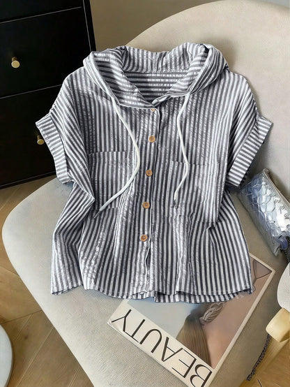 GlowEve Women's Summer Casual Versatile Textured Striped Chiffon Hooded Blouse With Pockets, Short Sleeve