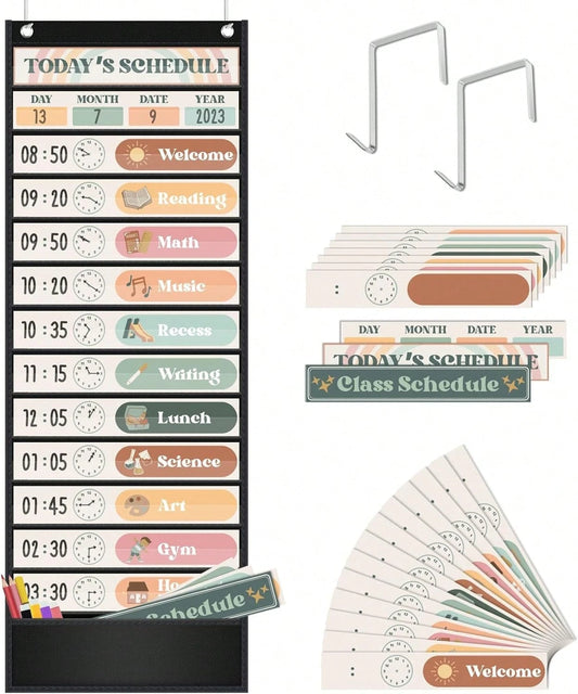 Godery Boho Theme Daily Schedule Pocket Chart Set Decorate Your Classroom Or Home For Pre-Kindergarten To Grade 6, Black