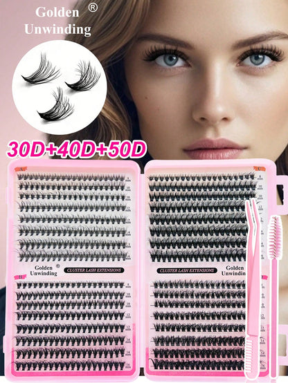 Golden Unwinding 640pcsDramatic C-Curl 8-16MM Mix, DIY Extension Lashes Eyelashes Book, Big Volume Soft, Individual Cluster Lashes,Pick Glue, Remover, Tweezers As Needed Create A Fluffy Wispy Y2k Butt