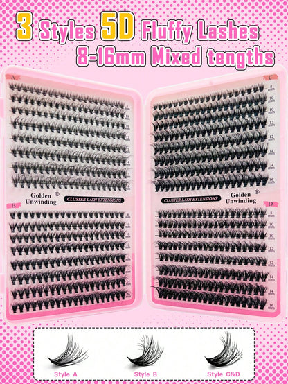Golden Unwinding 640pcsDramatic C-Curl 8-16MM Mix, DIY Extension Lashes Eyelashes Book, Big Volume Soft, Individual Cluster Lashes,Pick Glue, Remover, Tweezers As Needed Create A Fluffy Wispy Y2k Butt