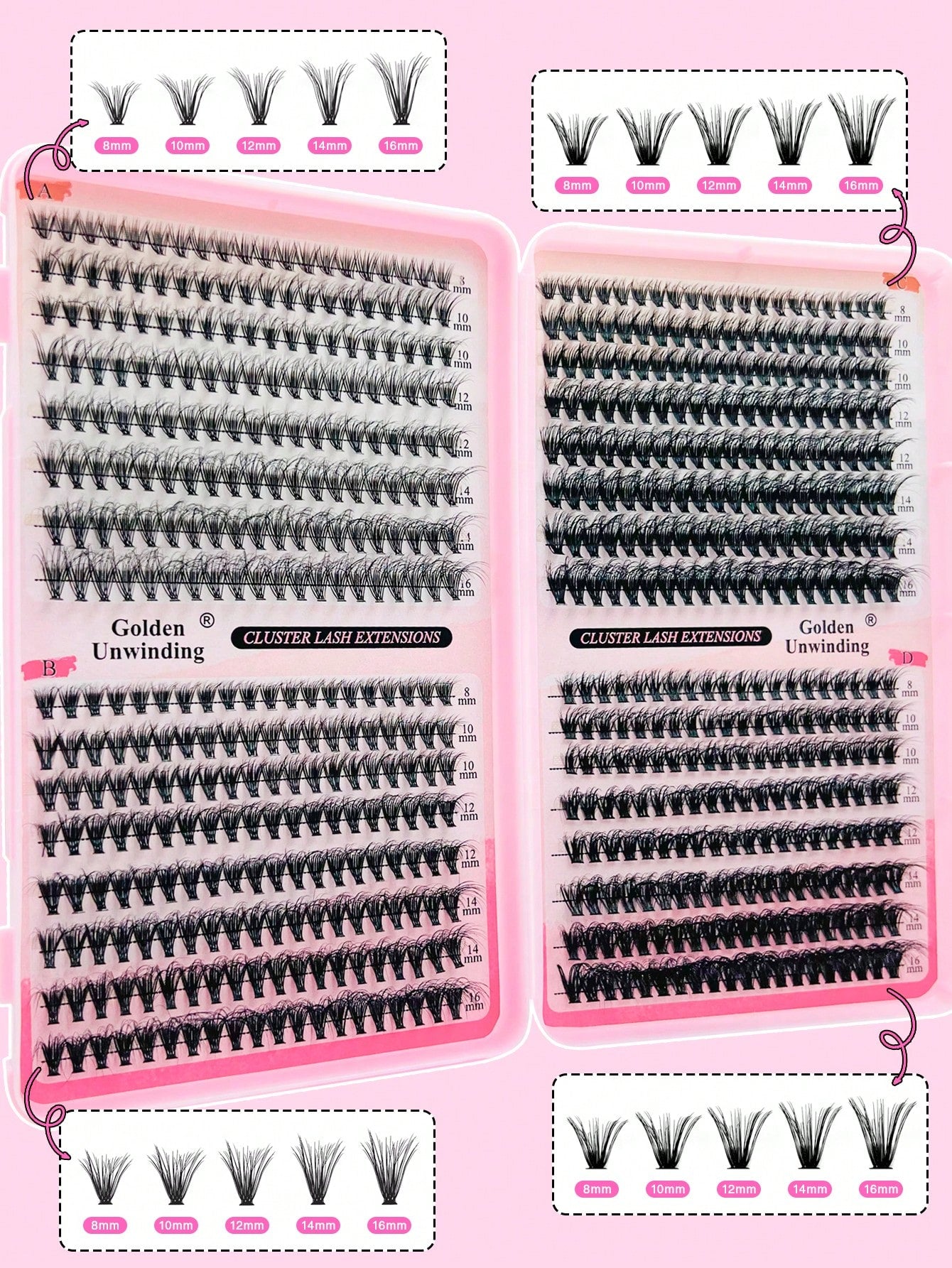 Golden Unwinding 640pcsDramatic C-Curl 8-16MM Mix, DIY Extension Lashes Eyelashes Book, Big Volume Soft, Individual Cluster Lashes,Pick Glue, Remover, Tweezers As Needed Create A Fluffy Wispy Y2k Butt
