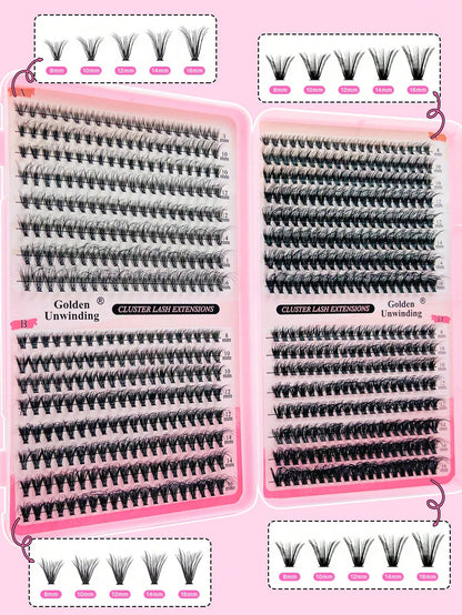 Golden Unwinding 640pcsDramatic C-Curl 8-16MM Mix, DIY Extension Lashes Eyelashes Book, Big Volume Soft, Individual Cluster Lashes,Pick Glue, Remover, Tweezers As Needed Create A Fluffy Wispy Y2k Butt