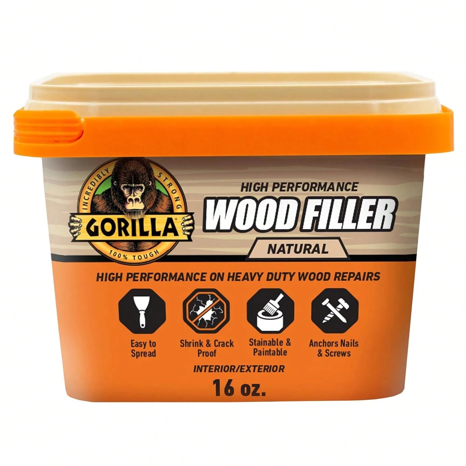 Gorilla All Purpose Wood Filler, Natural Finish, 16 Ounce Tub (Pack Of 1)- Water Resistant For Indoor Or Outdoor Projects And Repairs