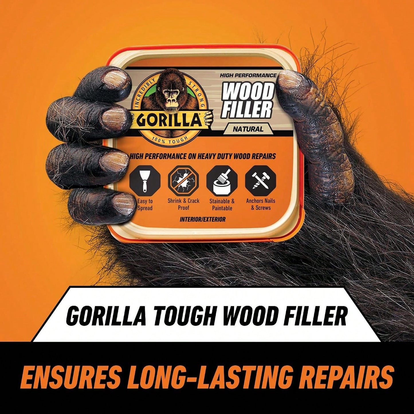 Gorilla All Purpose Wood Filler, Natural Finish, 16 Ounce Tub (Pack Of 1)- Water Resistant For Indoor Or Outdoor Projects And Repairs