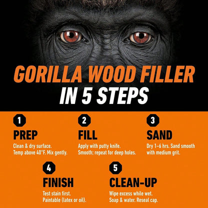 Gorilla All Purpose Wood Filler, Natural Finish, 16 Ounce Tub (Pack Of 1)- Water Resistant For Indoor Or Outdoor Projects And Repairs