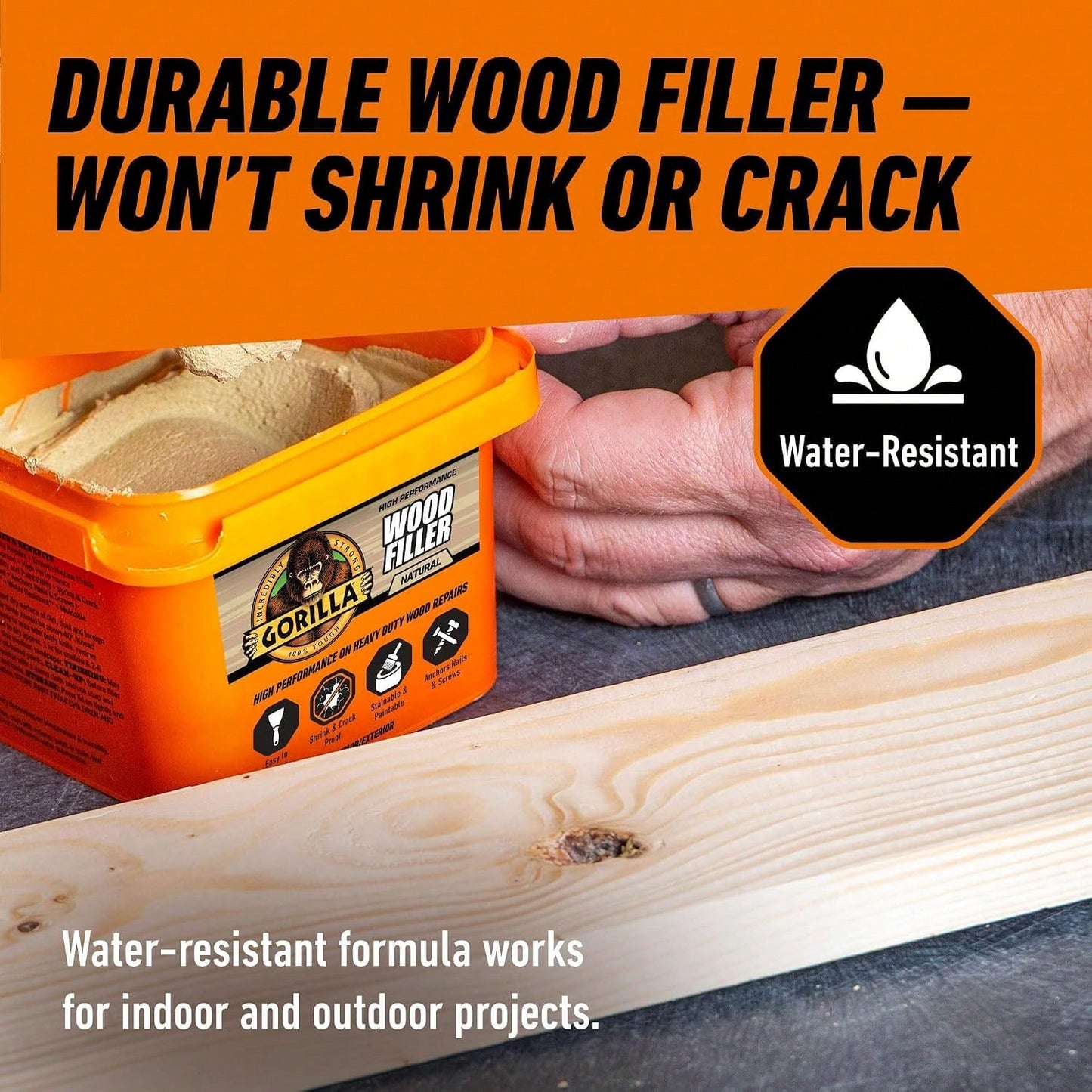Gorilla All Purpose Wood Filler, Natural Finish, 16 Ounce Tub (Pack Of 1)- Water Resistant For Indoor Or Outdoor Projects And Repairs