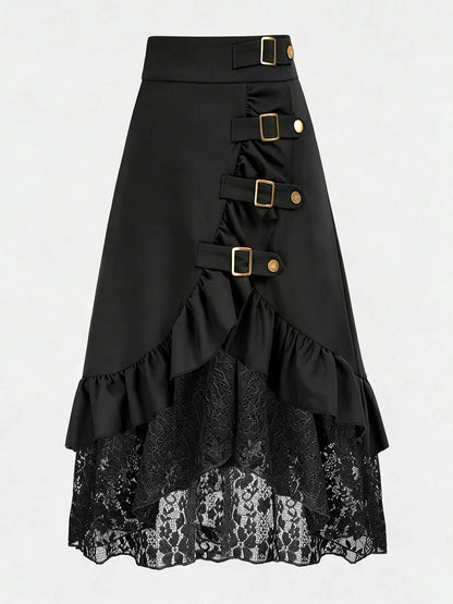 Gothic Style Lace Patchwork Ruffle Hem Solid Color Pirate Skirt Black Spring