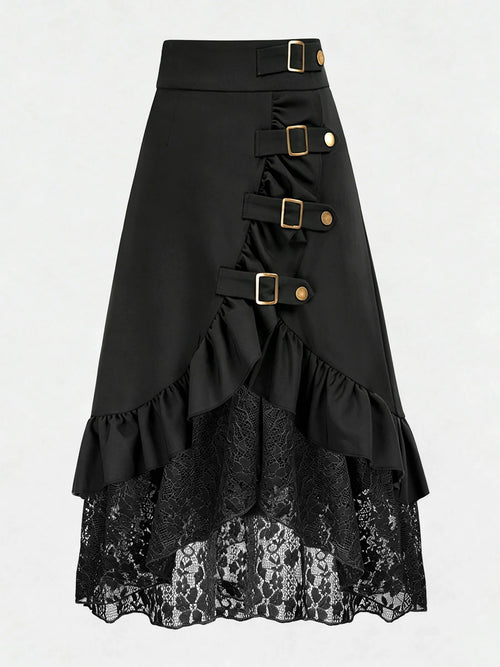 Gothic Style Lace Patchwork Ruffle Hem Solid Color Pirate Skirt Black Spring