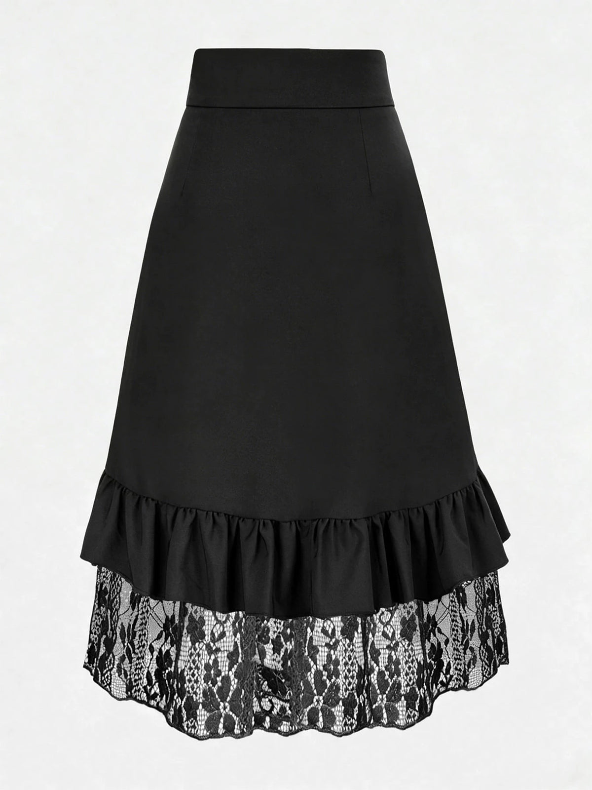 Gothic Style Lace Patchwork Ruffle Hem Solid Color Pirate Skirt Black Spring