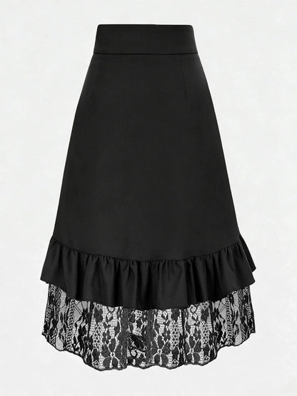 Gothic Style Lace Patchwork Ruffle Hem Solid Color Pirate Skirt Black Spring