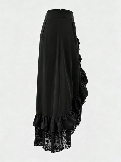 Gothic Style Lace Patchwork Ruffle Hem Solid Color Pirate Skirt Black Spring