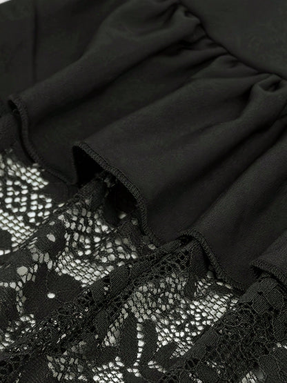Gothic Style Lace Patchwork Ruffle Hem Solid Color Pirate Skirt Black Spring