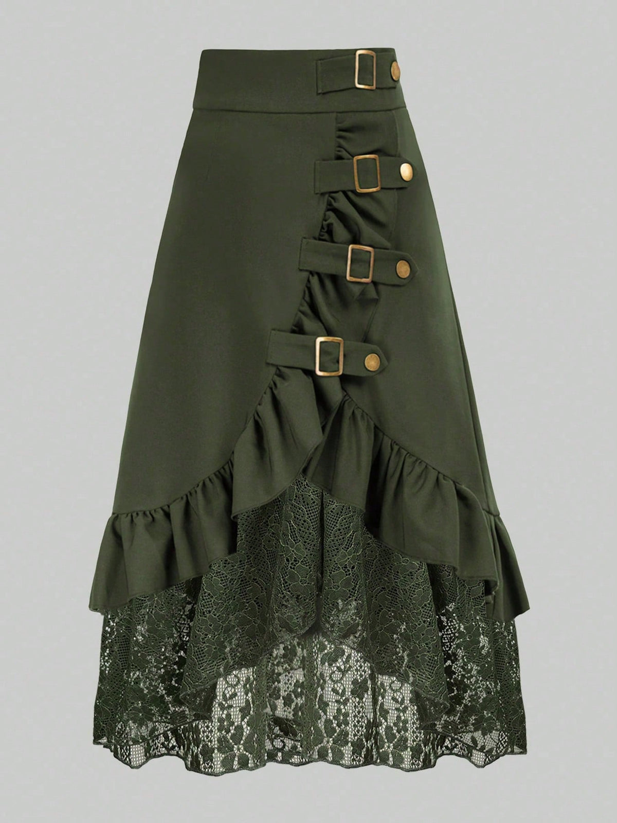 Gothic Style Lace Patchwork Ruffle Hem Solid Color Pirate Skirt Black Spring