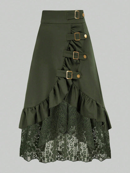 Gothic Style Lace Patchwork Ruffle Hem Solid Color Pirate Skirt Black Spring