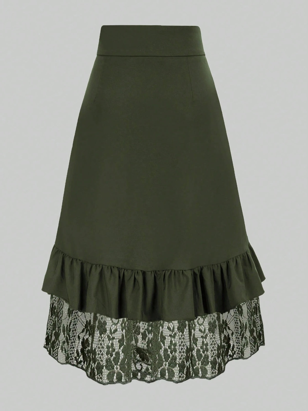 Gothic Style Lace Patchwork Ruffle Hem Solid Color Pirate Skirt Black Spring
