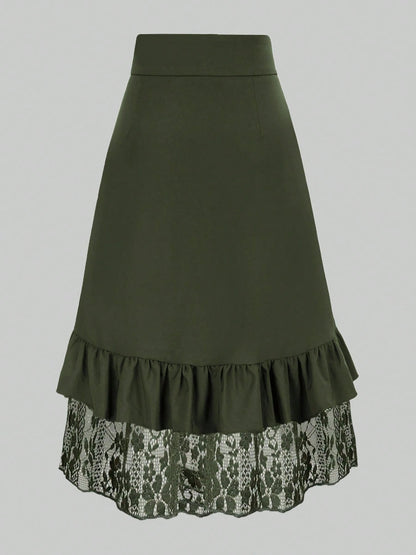 Gothic Style Lace Patchwork Ruffle Hem Solid Color Pirate Skirt Black Spring