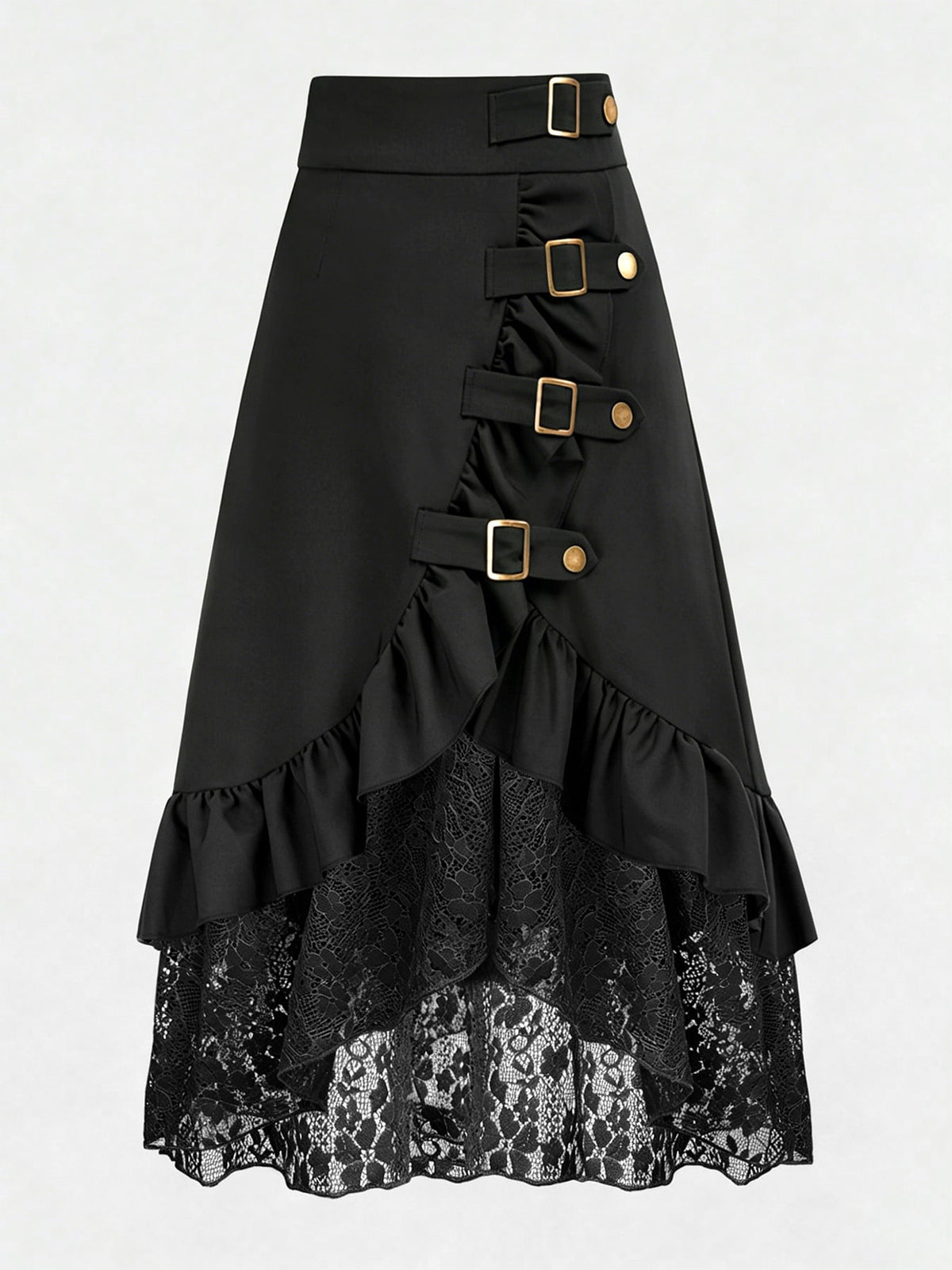 Gothic Style Lace Patchwork Ruffle Hem Solid Color Pirate Skirt Black Spring