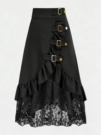 Gothic Style Lace Patchwork Ruffle Hem Solid Color Pirate Skirt Black Spring