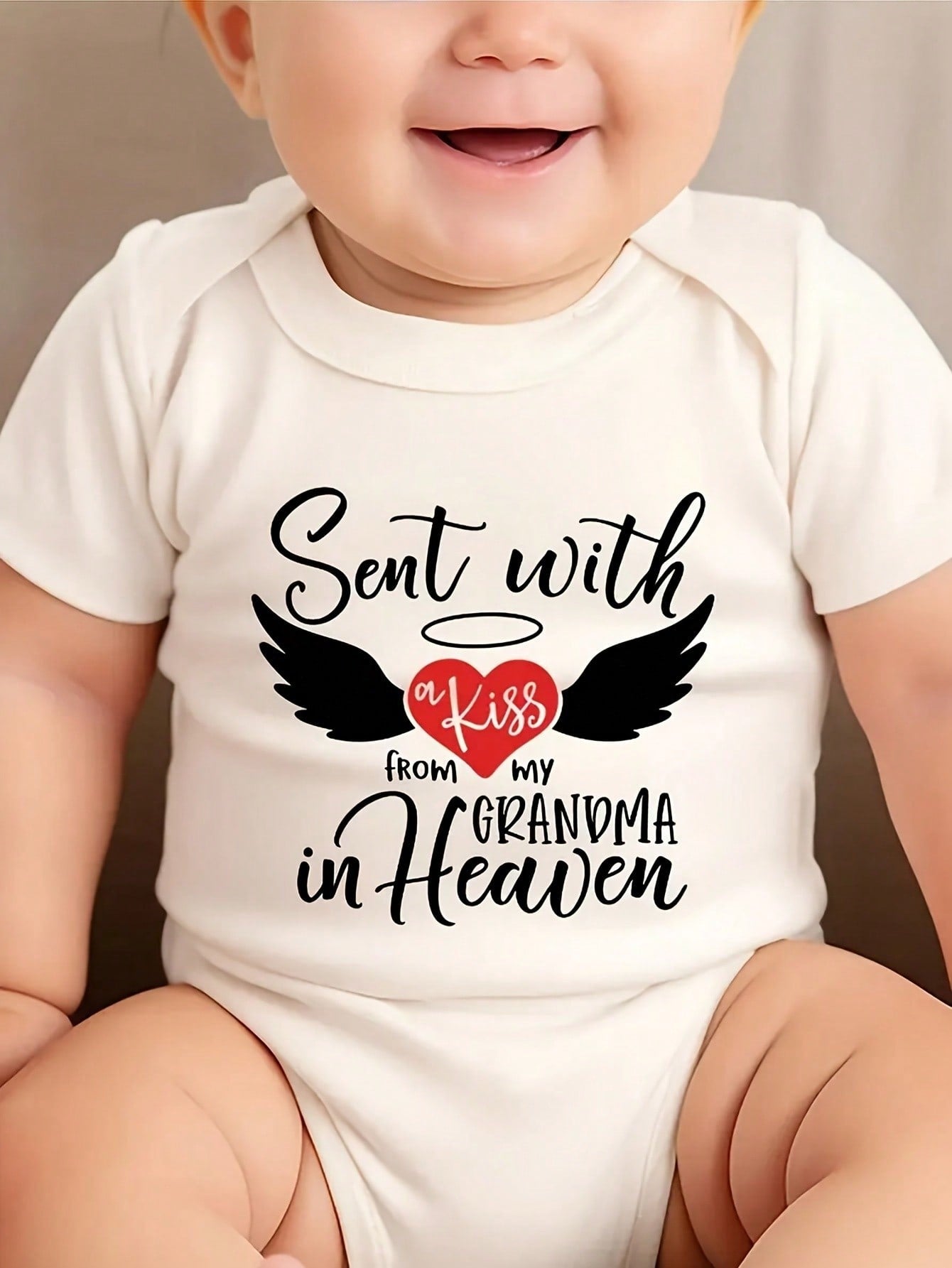 Grandma's Kisses From Heaven Memorial Baby Bodysuit Heart Wings Halo Print Cotton Short Sleeve Summer Newborn Comfortable Outdoor Wear