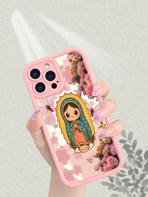 Guadalupe Virgin Floral Matte Phone Case Shockproof Anti Scratch Anti Yellowing For IPhone 16 15 14 13 12 11 X XS Pro Max Aesthetic Pink Rose Bloom Design Soft TPU Back Cover With Vintage Sacred Art S