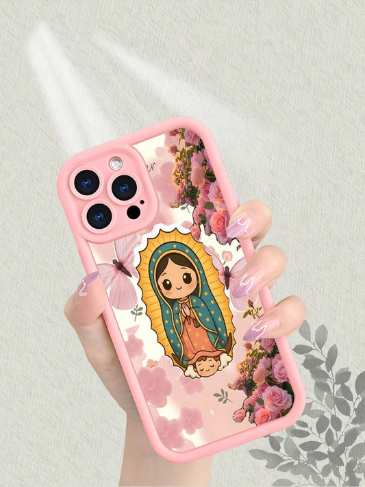 Guadalupe Virgin Floral Matte Phone Case Shockproof Anti Scratch Anti Yellowing For IPhone 16 15 14 13 12 11 X XS Pro Max Aesthetic Pink Rose Bloom Design Soft TPU Back Cover With Vintage Sacred Art S