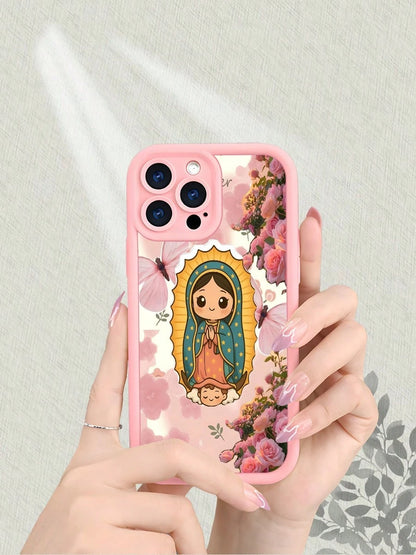 Guadalupe Virgin Floral Matte Phone Case Shockproof Anti Scratch Anti Yellowing For IPhone 16 15 14 13 12 11 X XS Pro Max Aesthetic Pink Rose Bloom Design Soft TPU Back Cover With Vintage Sacred Art S