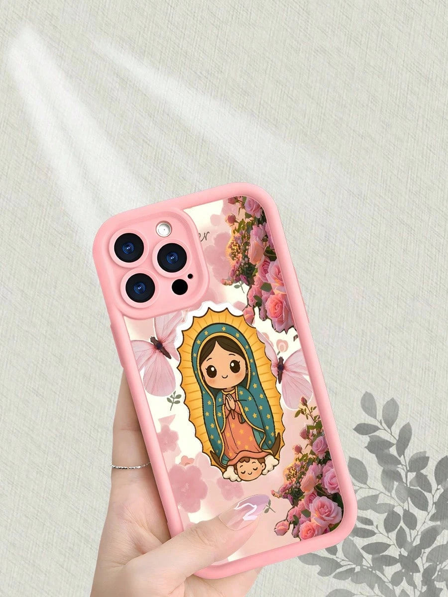 Guadalupe Virgin Floral Matte Phone Case Shockproof Anti Scratch Anti Yellowing For IPhone 16 15 14 13 12 11 X XS Pro Max Aesthetic Pink Rose Bloom Design Soft TPU Back Cover With Vintage Sacred Art S