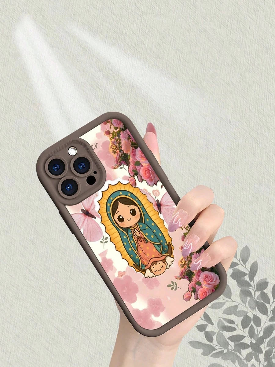 Guadalupe Virgin Floral Matte Phone Case Shockproof Anti Scratch Anti Yellowing For IPhone 16 15 14 13 12 11 X XS Pro Max Aesthetic Pink Rose Bloom Design Soft TPU Back Cover With Vintage Sacred Art S