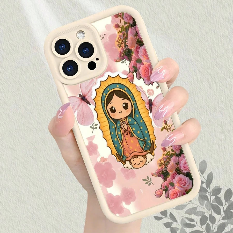Guadalupe Virgin Floral Matte Phone Case Shockproof Anti Scratch Anti Yellowing For IPhone 16 15 14 13 12 11 X XS Pro Max Aesthetic Pink Rose Bloom Design Soft TPU Back Cover With Vintage Sacred Art S