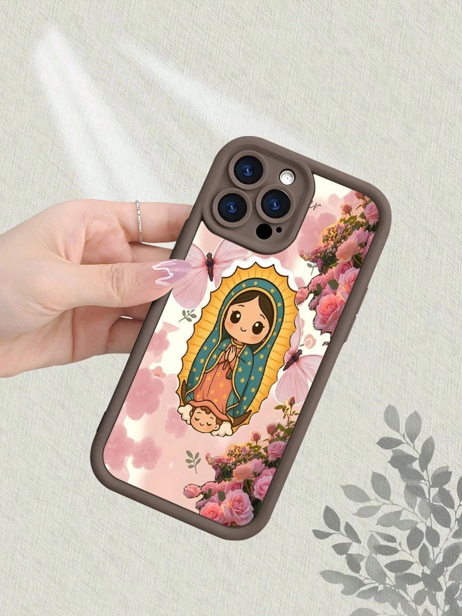 Guadalupe Virgin Floral Matte Phone Case Shockproof Anti Scratch Anti Yellowing For IPhone 16 15 14 13 12 11 X XS Pro Max Aesthetic Pink Rose Bloom Design Soft TPU Back Cover With Vintage Sacred Art S