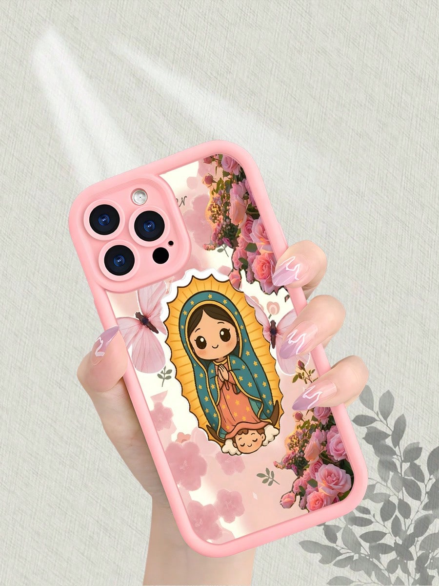 Guadalupe Virgin Floral Matte Phone Case Shockproof Anti Scratch Anti Yellowing For IPhone 16 15 14 13 12 11 X XS Pro Max Aesthetic Pink Rose Bloom Design Soft TPU Back Cover With Vintage Sacred Art S
