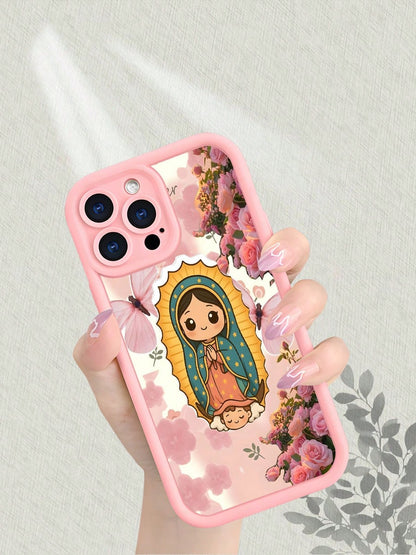 Guadalupe Virgin Floral Matte Phone Case Shockproof Anti Scratch Anti Yellowing For IPhone 16 15 14 13 12 11 X XS Pro Max Aesthetic Pink Rose Bloom Design Soft TPU Back Cover With Vintage Sacred Art S
