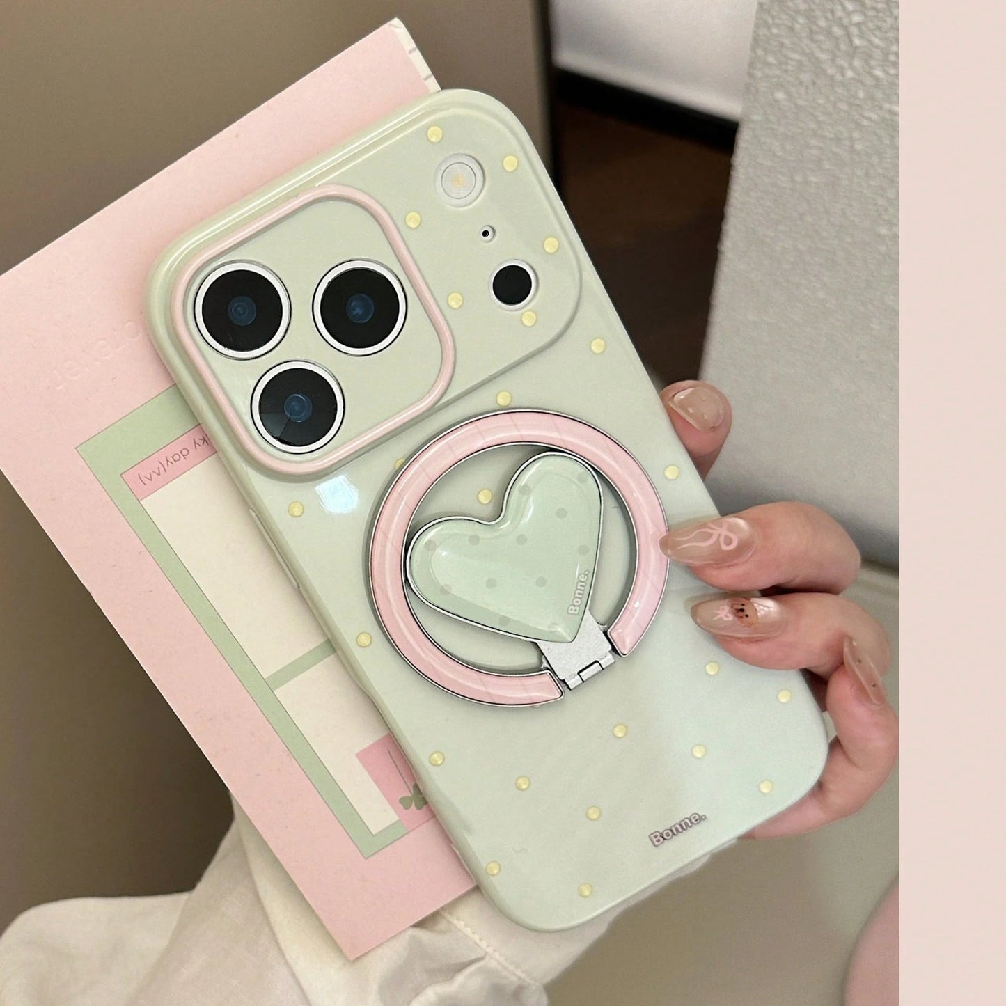 GUCADI Green Magnetic Phone Case With Pink And Lemon Polka Dots + Tiny Berry Polka Dots, Heart-Shaped Magnetic Stand, Fresh Unique Polka Dot Design, Compatible With IPhone 17 Pro Max, Full Coverage Pr